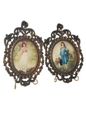 Vintage Italian Pinkie & The Blue Boy Oval Framed Art Set  Convex Glass